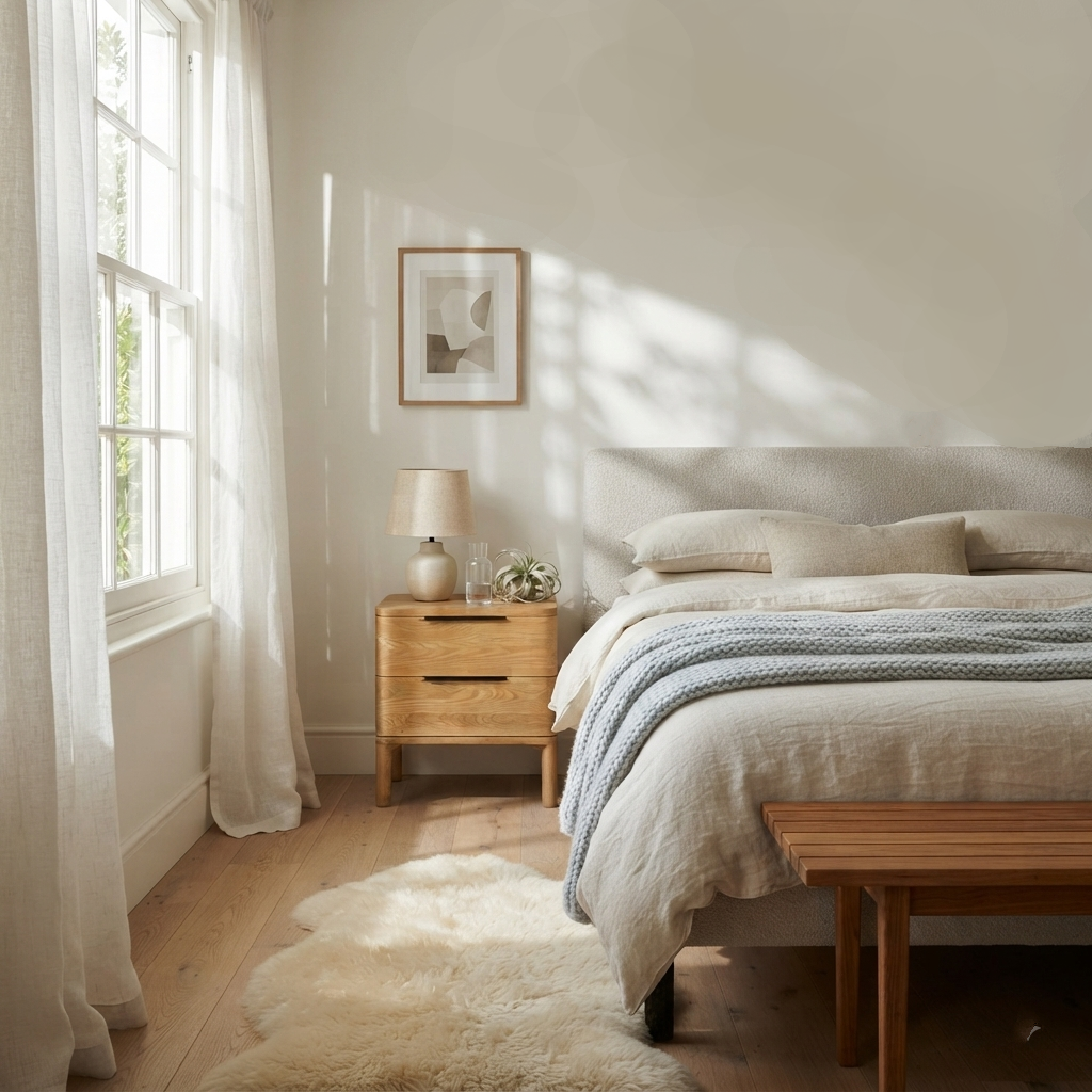 A beautifully styled bedroom featuring a light beige linen bed with a textured blue throw blanket, a wooden nightstand with a lamp, and a soft white sheepskin rug on the wooden floor.