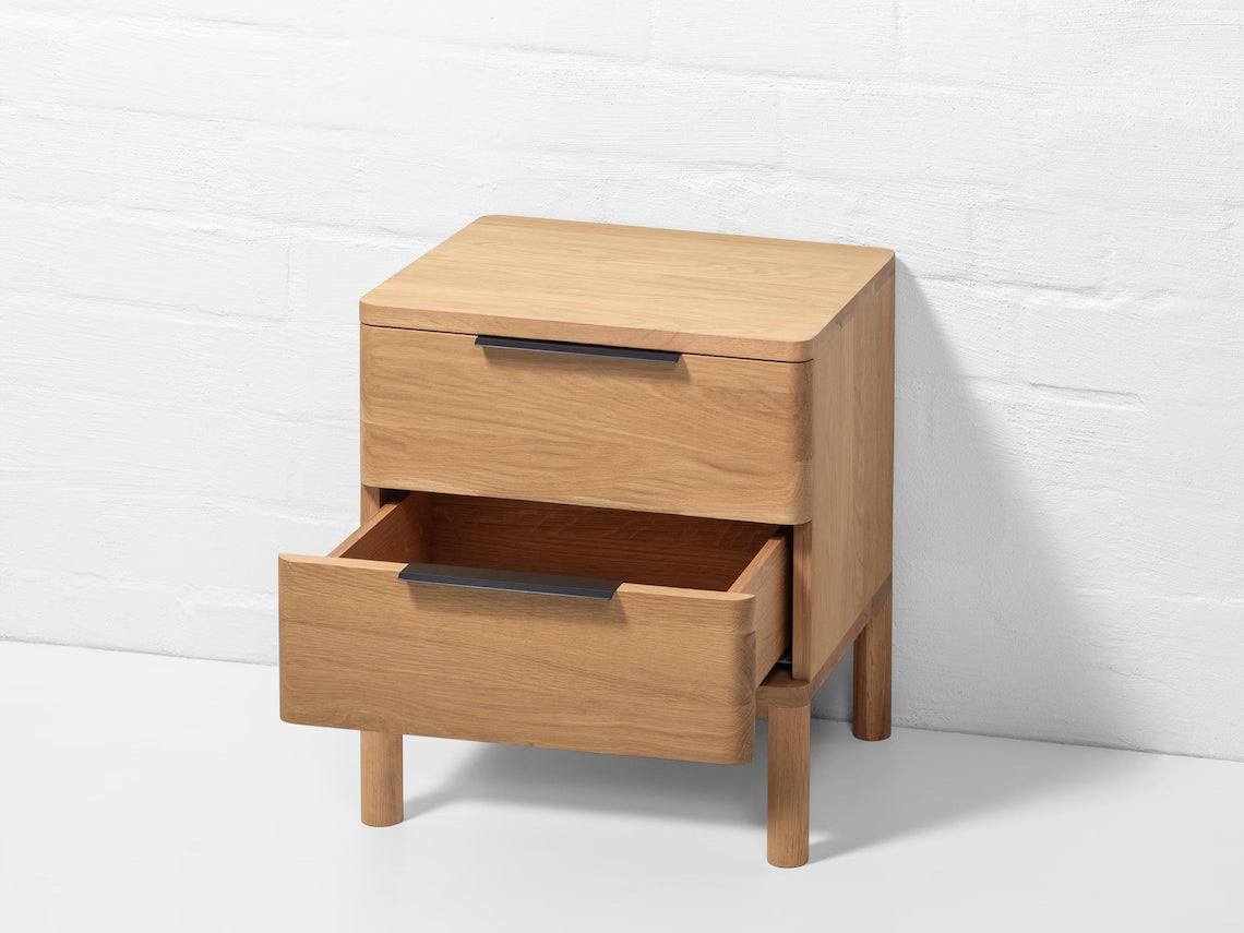 Harry - Handmade American Oak Nightstand: Soft-Close Drawers in natural matte lacquer, solid white oak with open bottom drawer