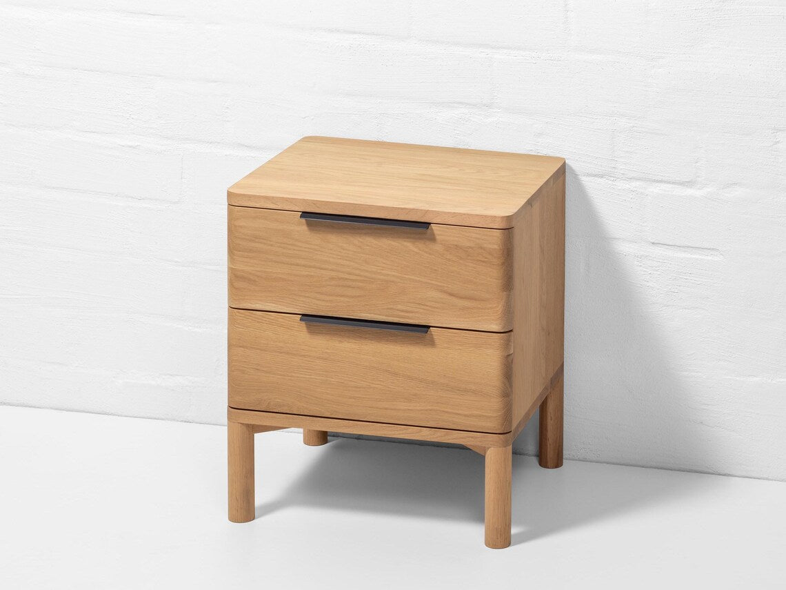 Handmade American oak bedside table with two soft-close drawers and smooth grain
