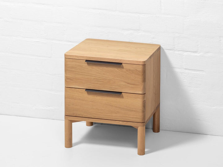 Handmade American oak bedside table with two soft-close drawers and smooth grain