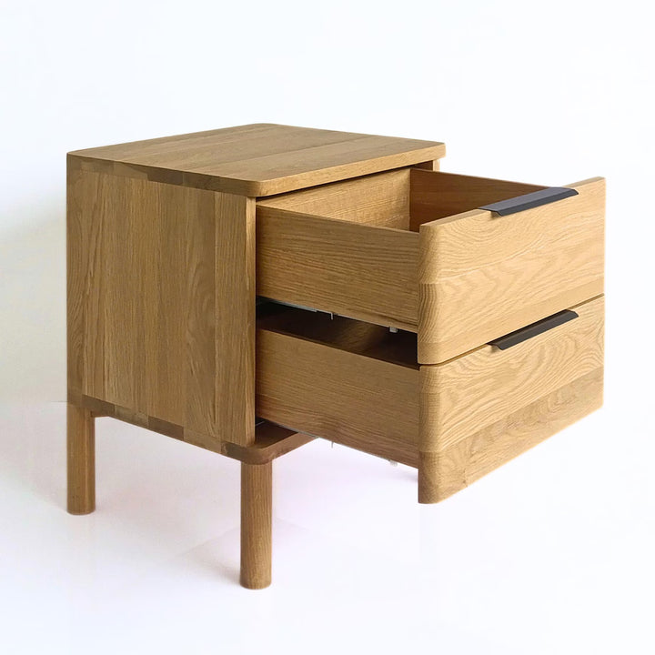 Harry - Handmade American Oak Nightstand: Soft-Close Drawers open showing natural oak wood grain, minimalist solid wood furniture