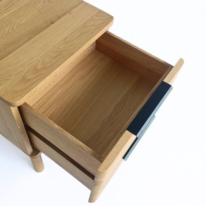 Harry - Handmade American Oak Nightstand: Soft-Close Drawers - Natural Matte Lacquer Finish with open drawer, solid white oak