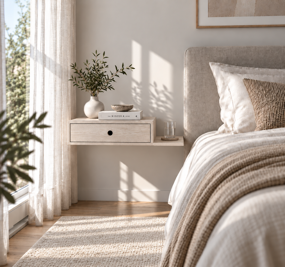 Hope white beech floating nightstand with drawer and side shelf mounted beside a bed