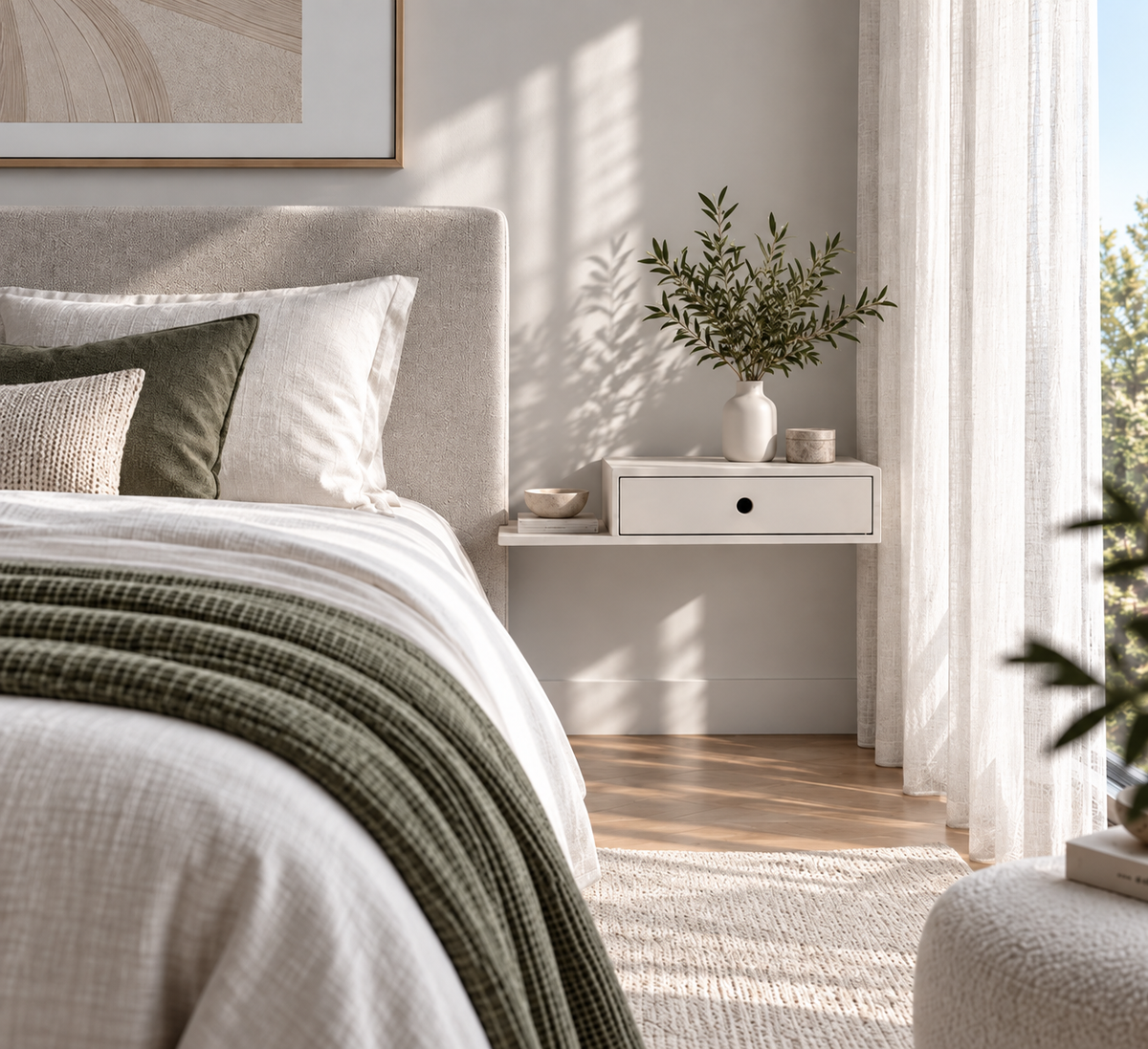 Hope white floating nightstand with drawer and left side shelf beside a bed in a bright, airy bedroom