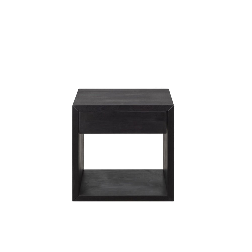 Hugo dark oak floating nightstand with drawer and open shelf, handcrafted from solid wood