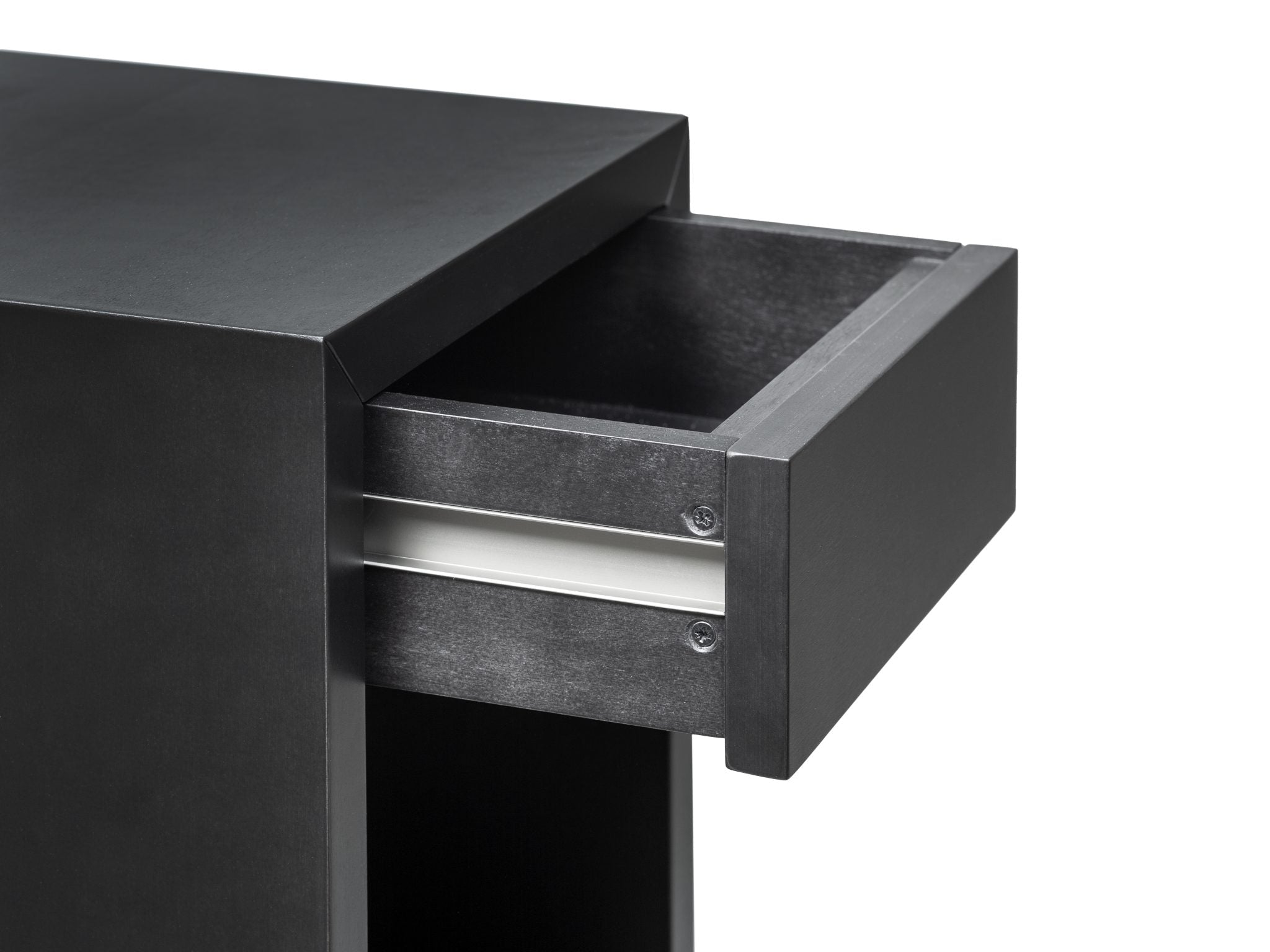 Hugo Floating Nightstand – Dark American Oak Bedside Table with Drawer and Shelf open drawer detail, minimalist solid wood construction KH_2759.jpg gallery 1