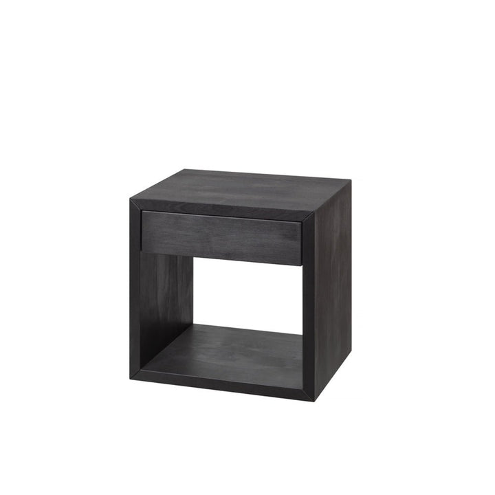 Wall-mounted dark American oak bedside table with storage drawer and minimalist design
