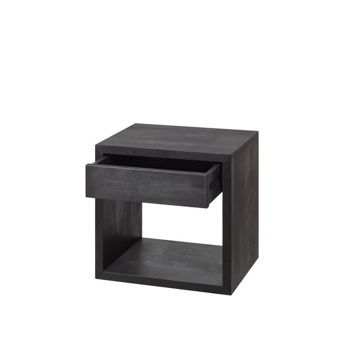 Modern floating nightstand in dark oak finish with drawer and lower shelf for bedside storage