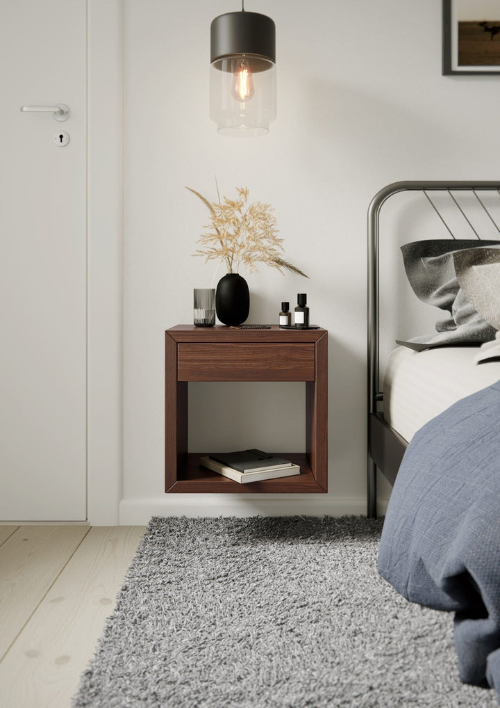 Medium Mid-Century Modern Hardwood, Walnut Finish Floating Nightstand with Drawer - Bedside Table for Bedroom