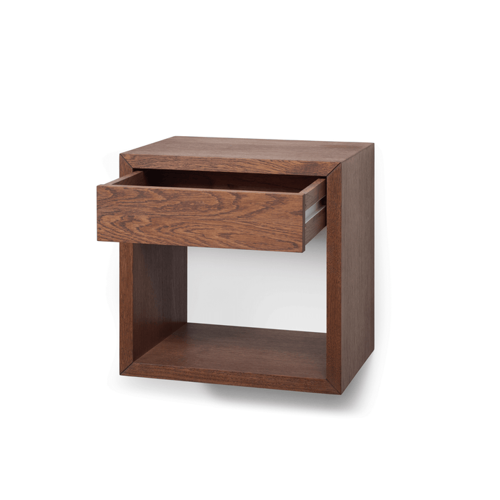 Hugo Floating Nightstand in Walnut Beech with Drawer and a Shelf, open drawer, wall-mounted minimalist wooden design, gallery 1 file 16.png
