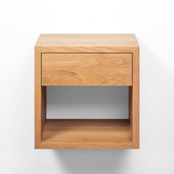 Modern floating oak nightstand with soft-close drawer and minimalist design