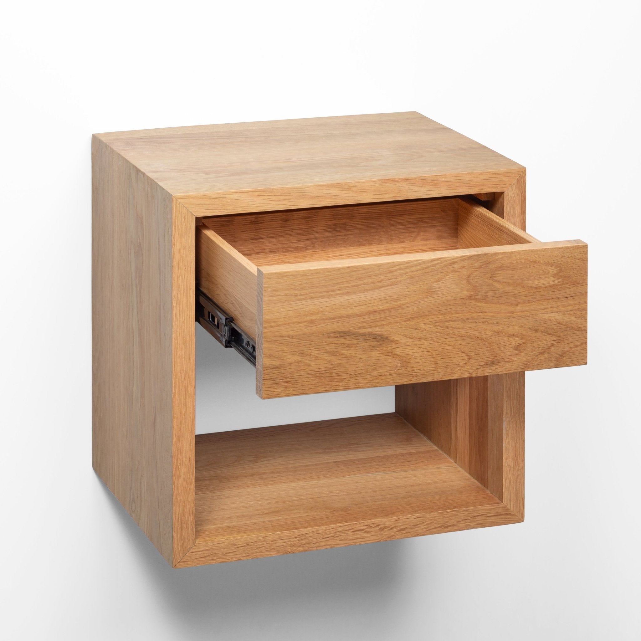 Hugo Floating Nightstand – Solid American Oak, Handmade Design with drawer open and lower storage shelf, minimalist solid oak Scandinavian style KH_6127.jpg gallery 1