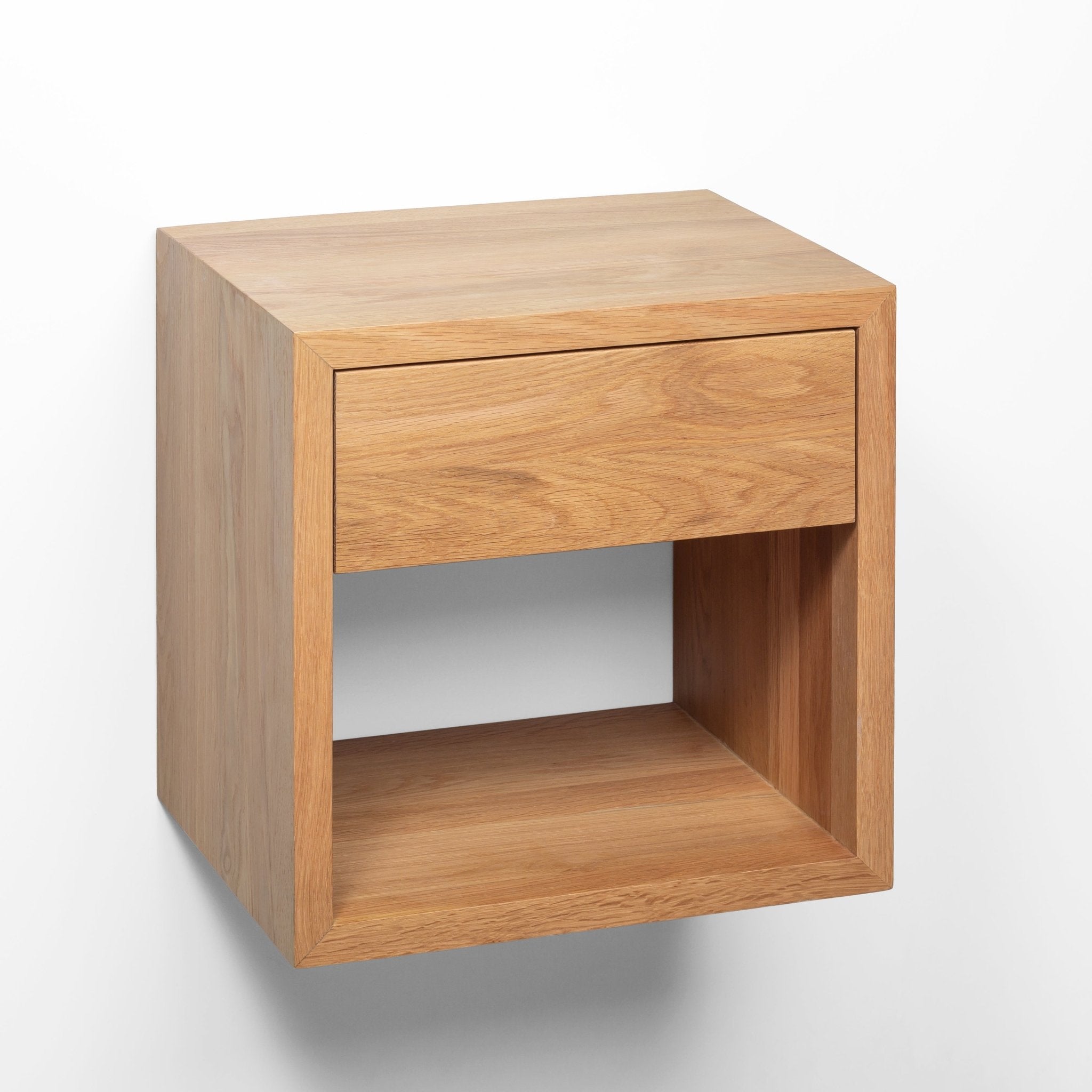 Hugo Floating Nightstand – Solid American Oak, Handmade Design with drawer and open shelf in natural oak, gallery position 1 KH_6126.jpg