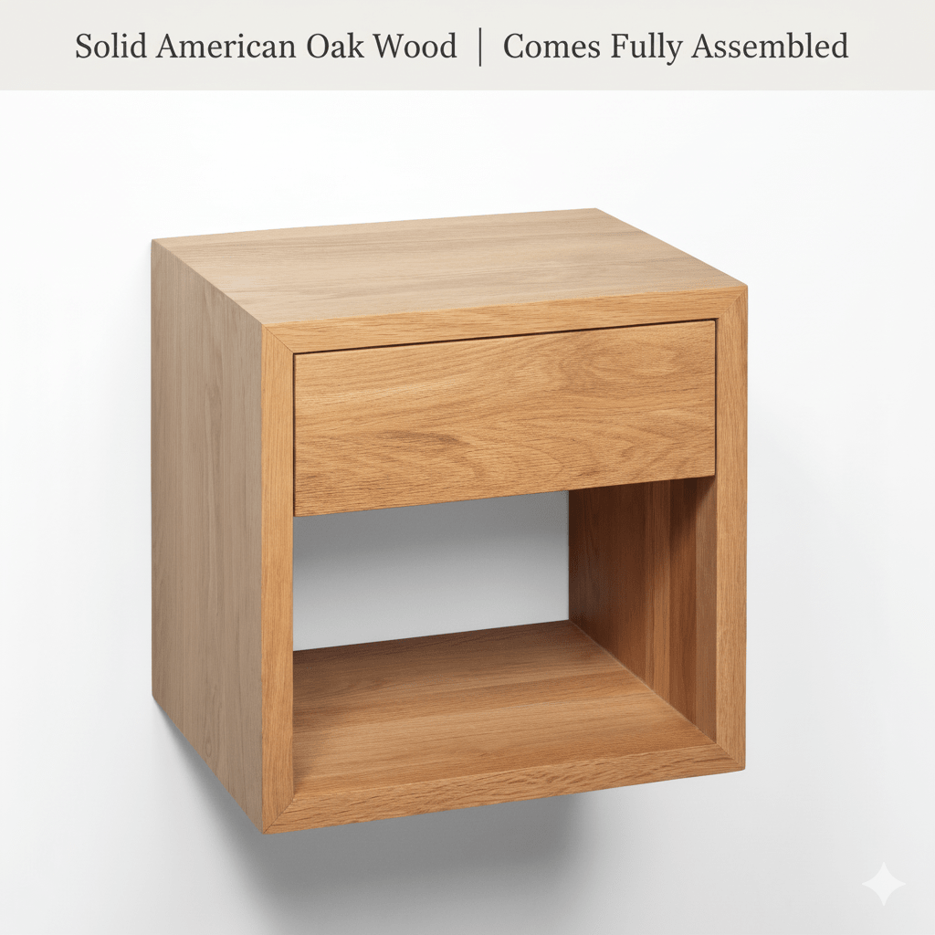 Handcrafted American oak wall-mounted bedside table with drawer and natural grain