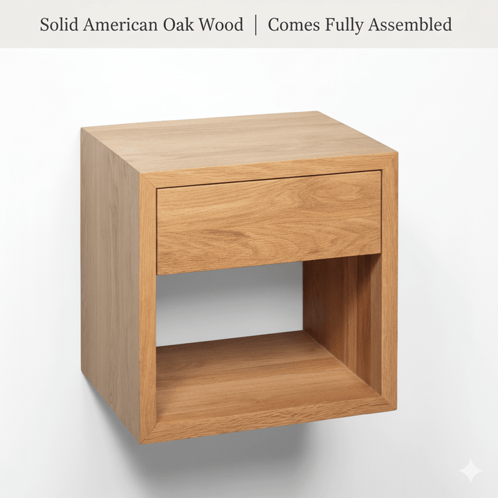 Handcrafted American oak wall-mounted bedside table with drawer and natural grain