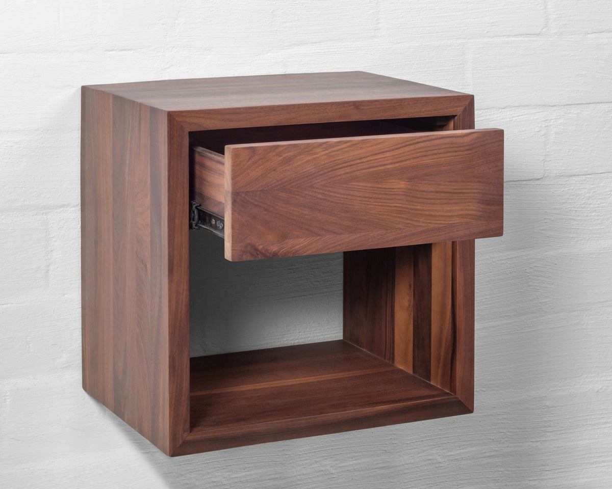 Hugo Floating Nightstand with drawer fully open on white background revealing walnut interior and soft-close metal runners