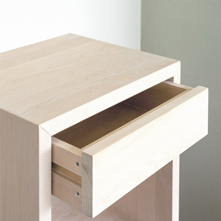 Hugo Floating Nightstand – Whitewash Beech Bedside Table with Drawer and Shelf open drawer detail in minimalist Scandinavian solid wood design Kuubik-Hugo-sahtliga-valge.jpg gallery 1
