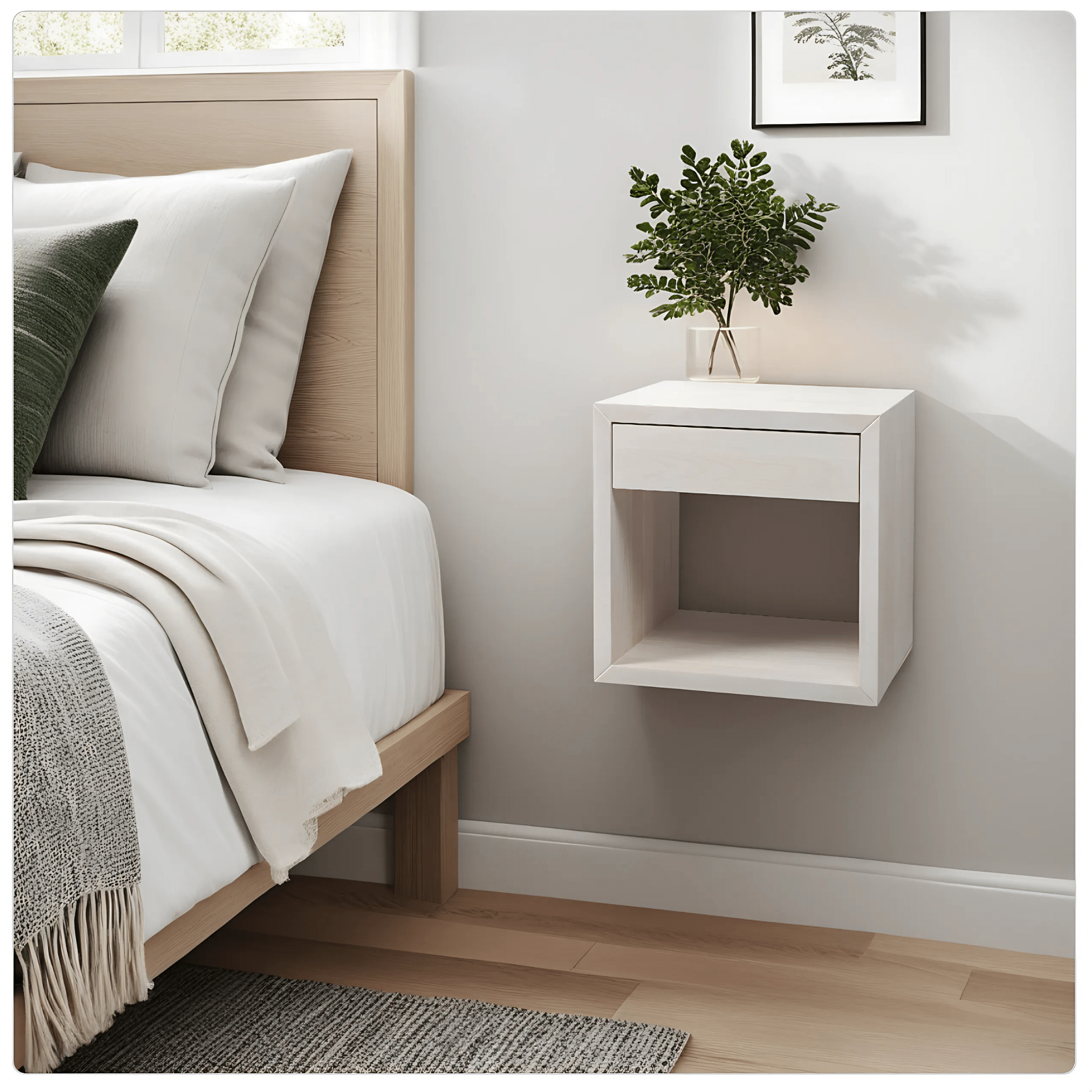 Hugo whitewash beech floating nightstand with drawer and open shelf, wall-mounted design