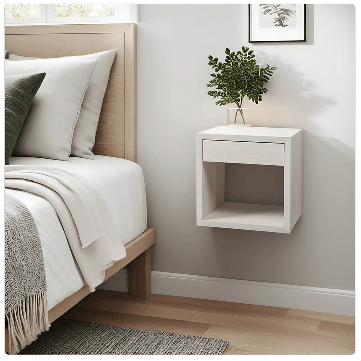 Hugo whitewash beech floating nightstand with drawer and open shelf, wall-mounted design