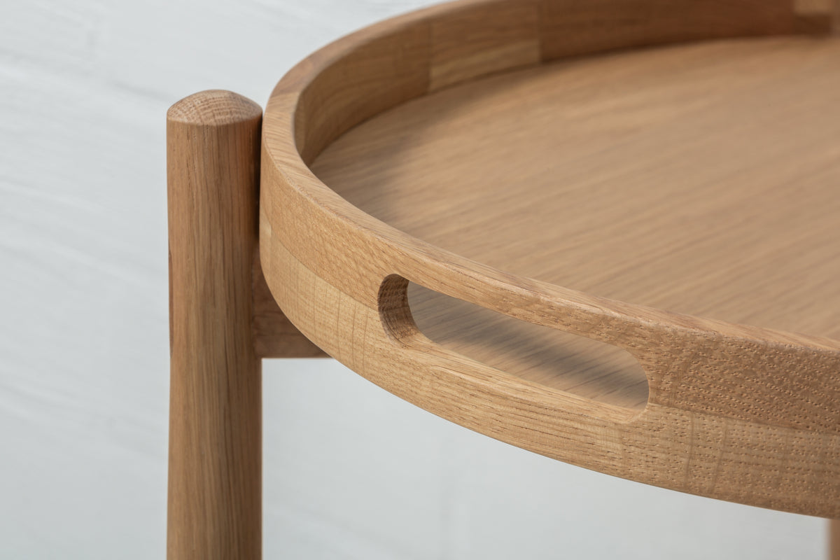 Wooden Serving Table Hugo - Oak with rounded edge tray top and built-in handle detail in natural solid oak, minimalist Scandinavian design