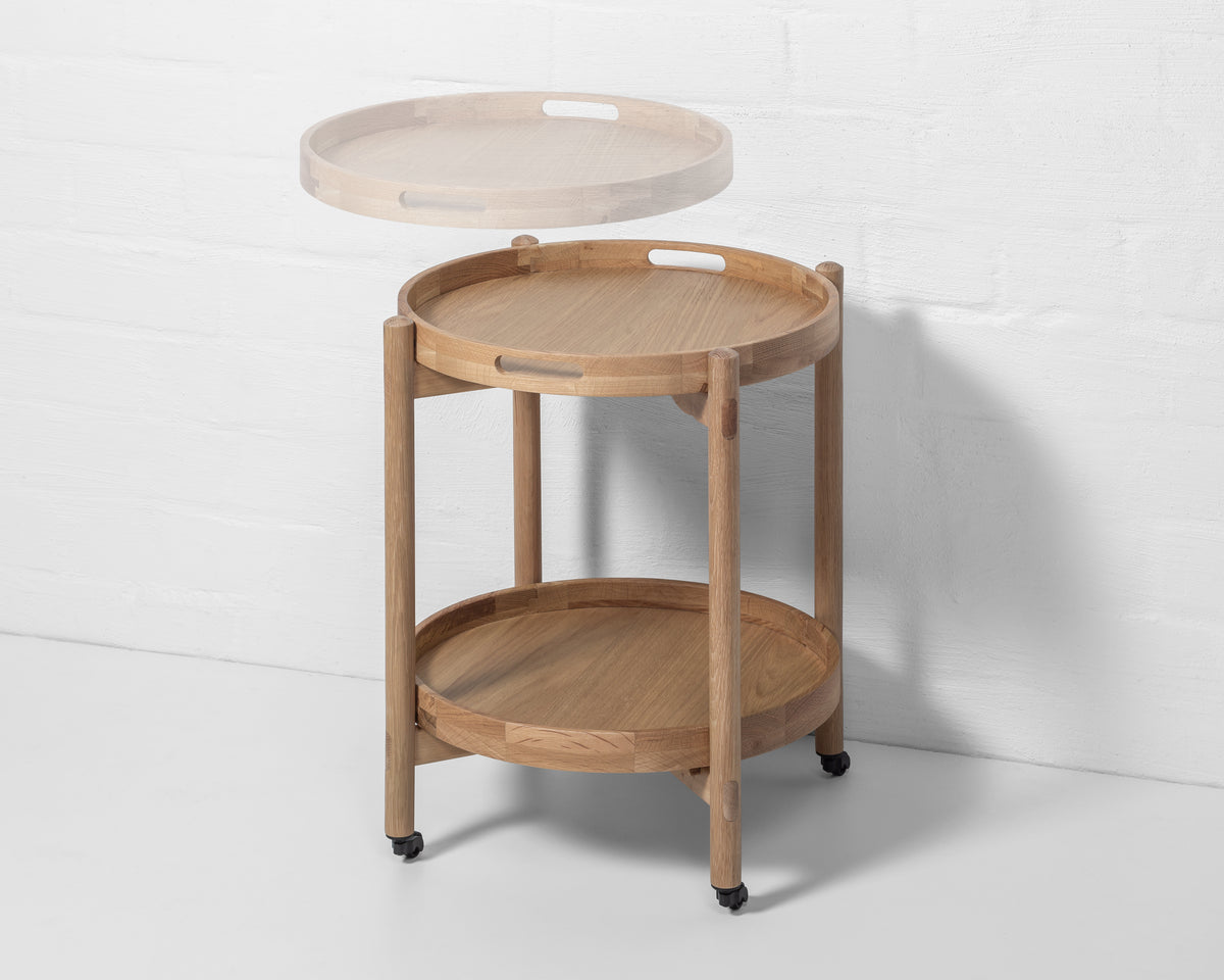 Wooden Serving Table Hugo - Oak with two removable tray tops, solid oak construction, matte lacquer finish, and caster wheels