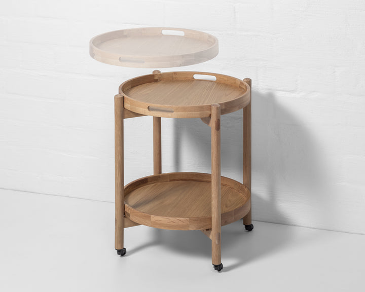 Wooden Serving Table Hugo - Oak with two removable tray tops, solid oak construction, matte lacquer finish, and caster wheels
