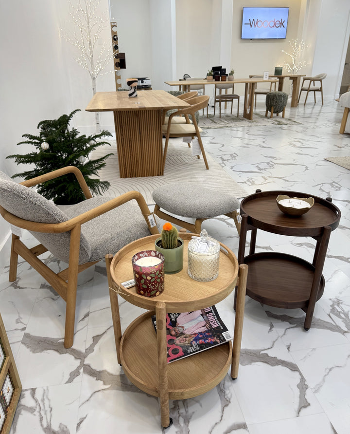 Wooden Serving Table Hugo - Oak in natural solid oak with round tray design and two-tier minimalist structure