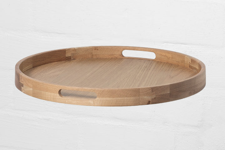 Wooden Serving Table Hugo - Oak round removable tray in natural oak wood with cutout handles, solid wood minimalist Scandinavian design