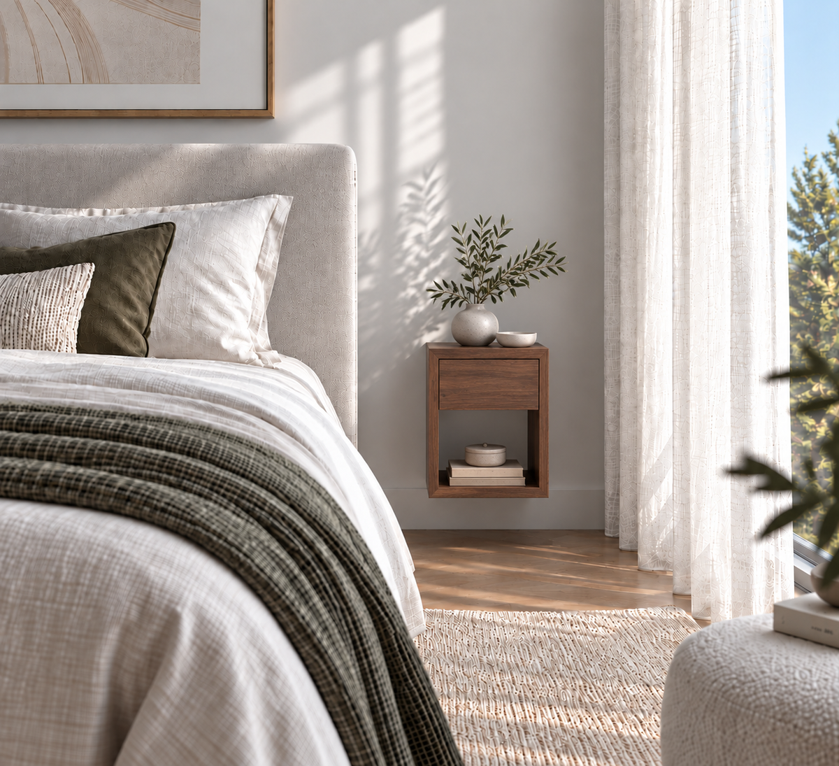 Hugo small walnut floating nightstand with drawer and open shelf mounted beside a bed