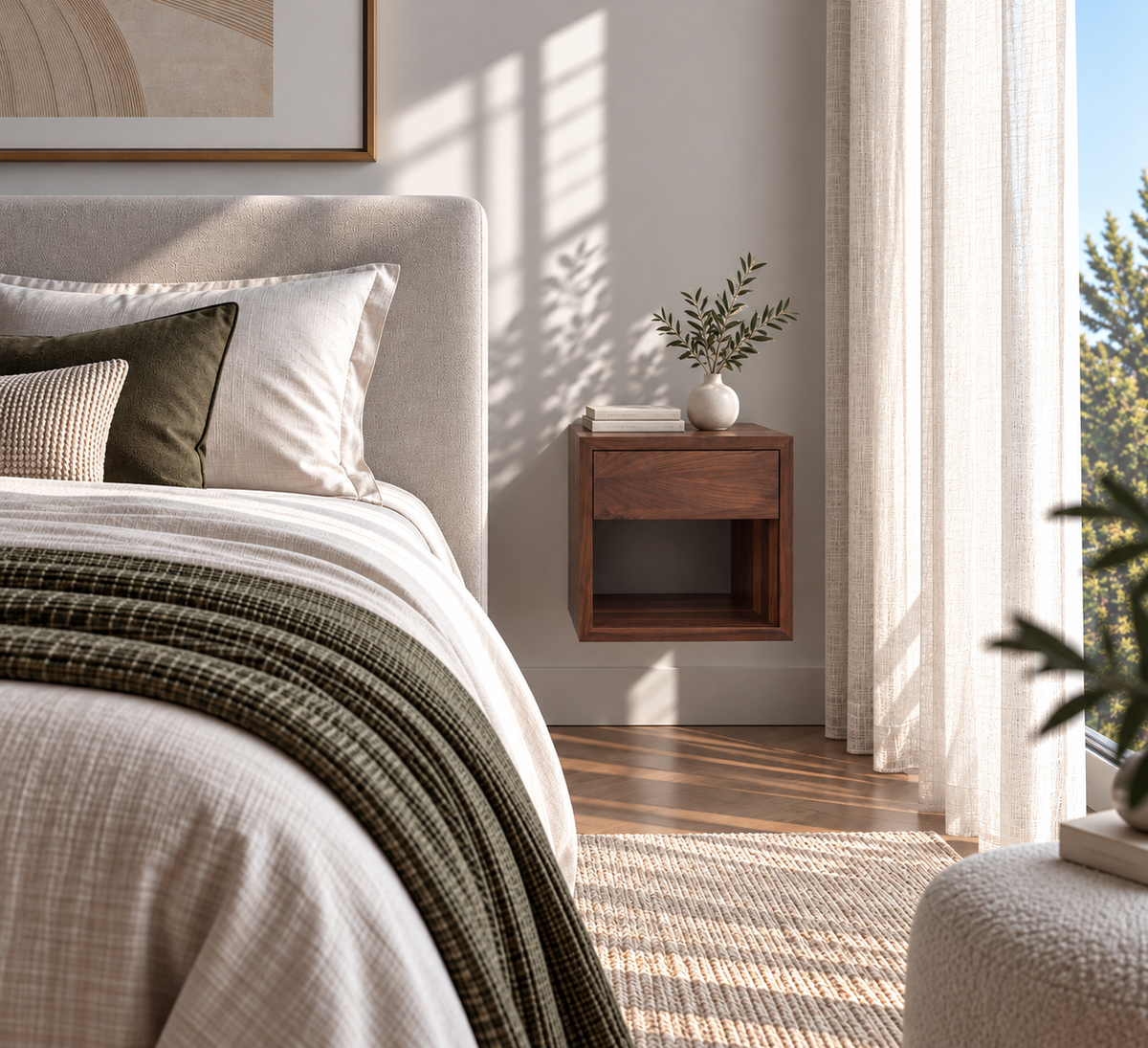 Hugo Floating Nightstand - Walnut Wood Finished in Matte Lacquer