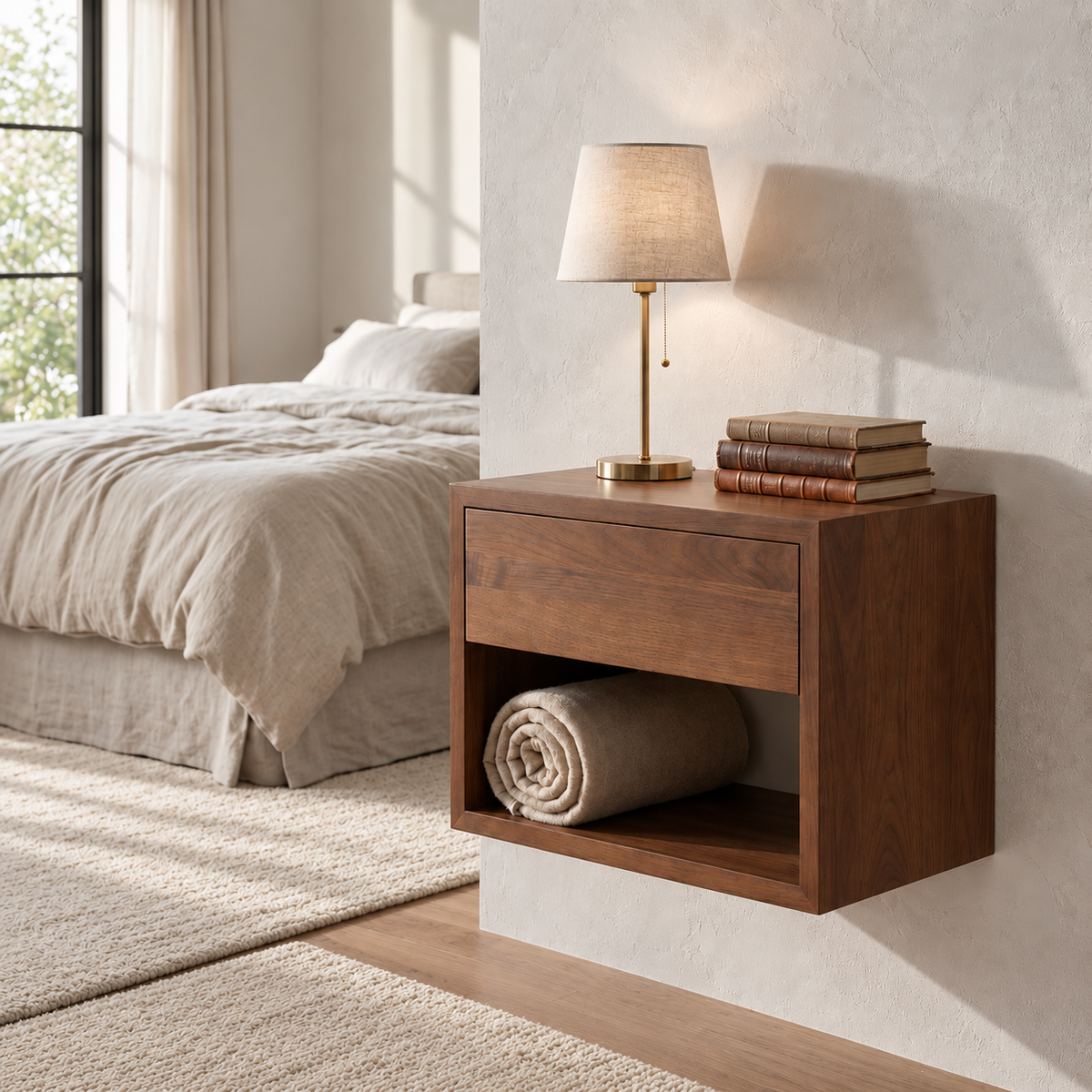 Floating Wide Nightstand Hugo With Drawer - Walnut Wood