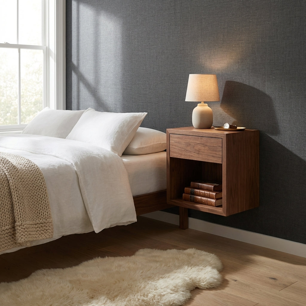 Hugo Walnut Floating Nightstand in a minimalist bedroom beside a linen bed with a candle and small decor items on top