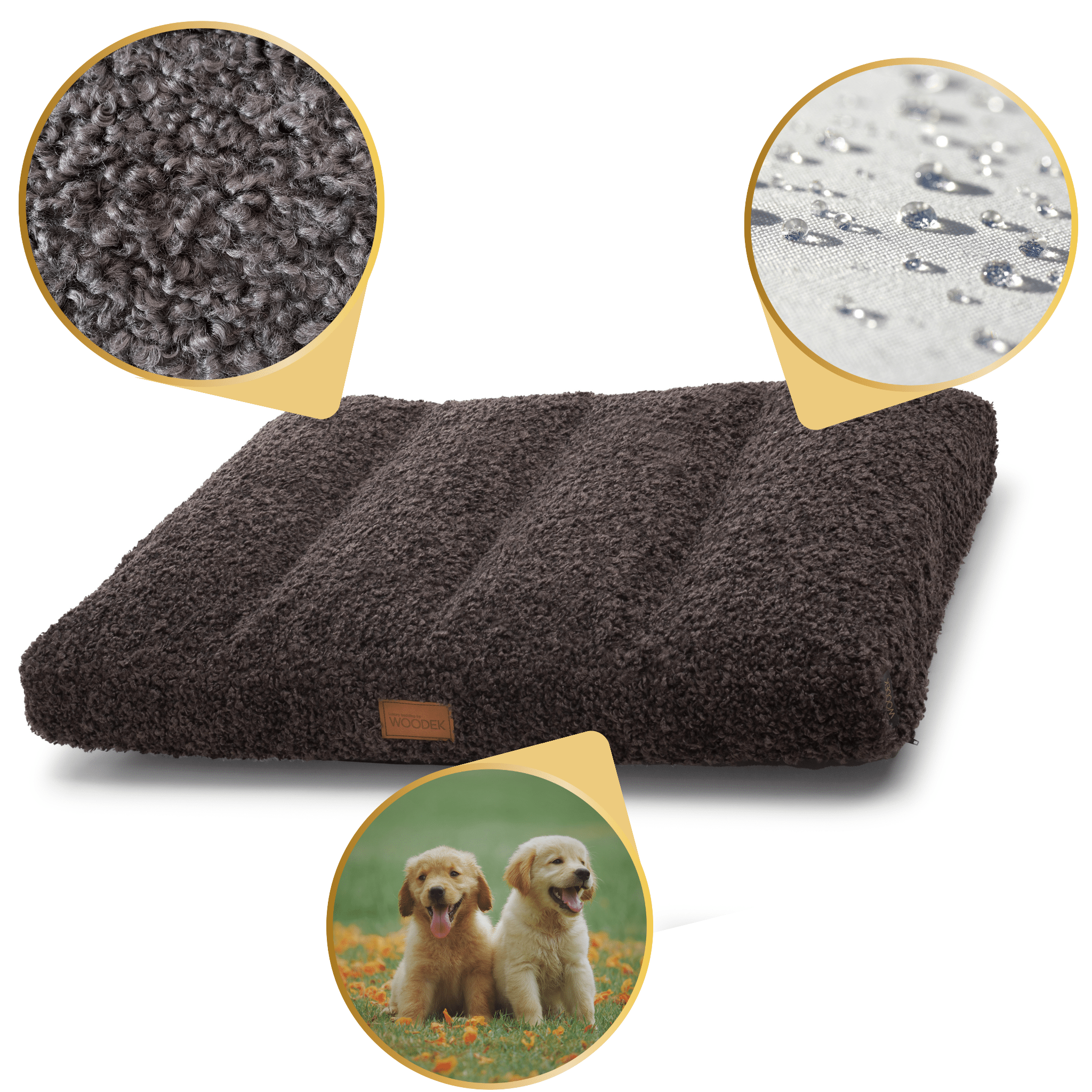 Luxurious orthopedic dog bed mattress Teddy with dark grey removable fabric close-up of textured bouclé and waterproof material, gallery 1 59-1.png