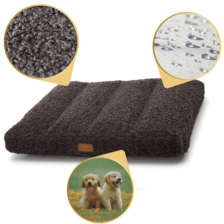 Luxurious orthopedic dog bed mattress Teddy with dark grey removable fabric close-up of textured bouclé and waterproof material, gallery 1 59-1.png