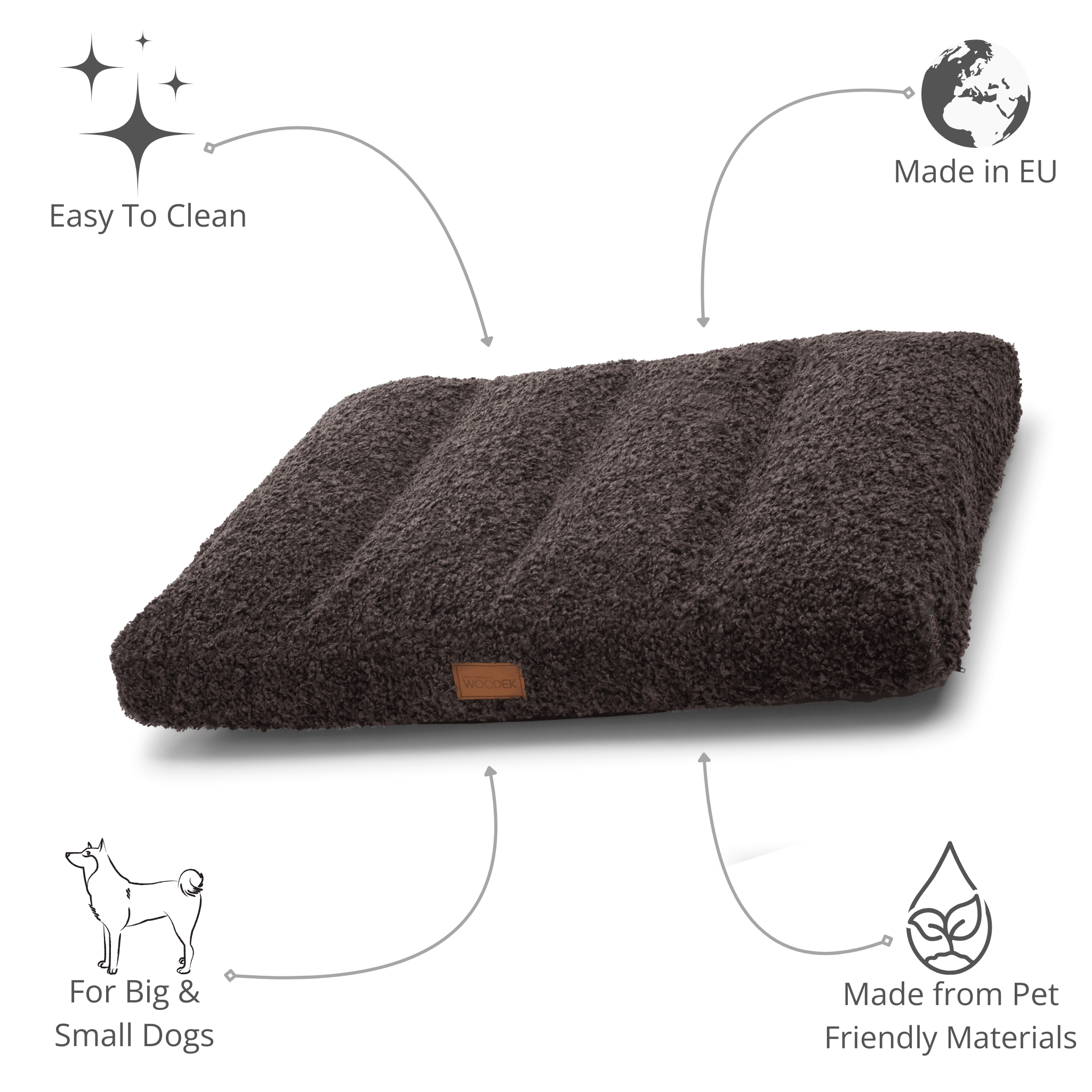 Dark grey bouclé dog bed with water-resistant bottom and Oeko-Tex certified materials