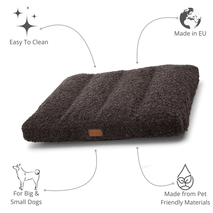 Dark grey bouclé dog bed with water-resistant bottom and Oeko-Tex certified materials