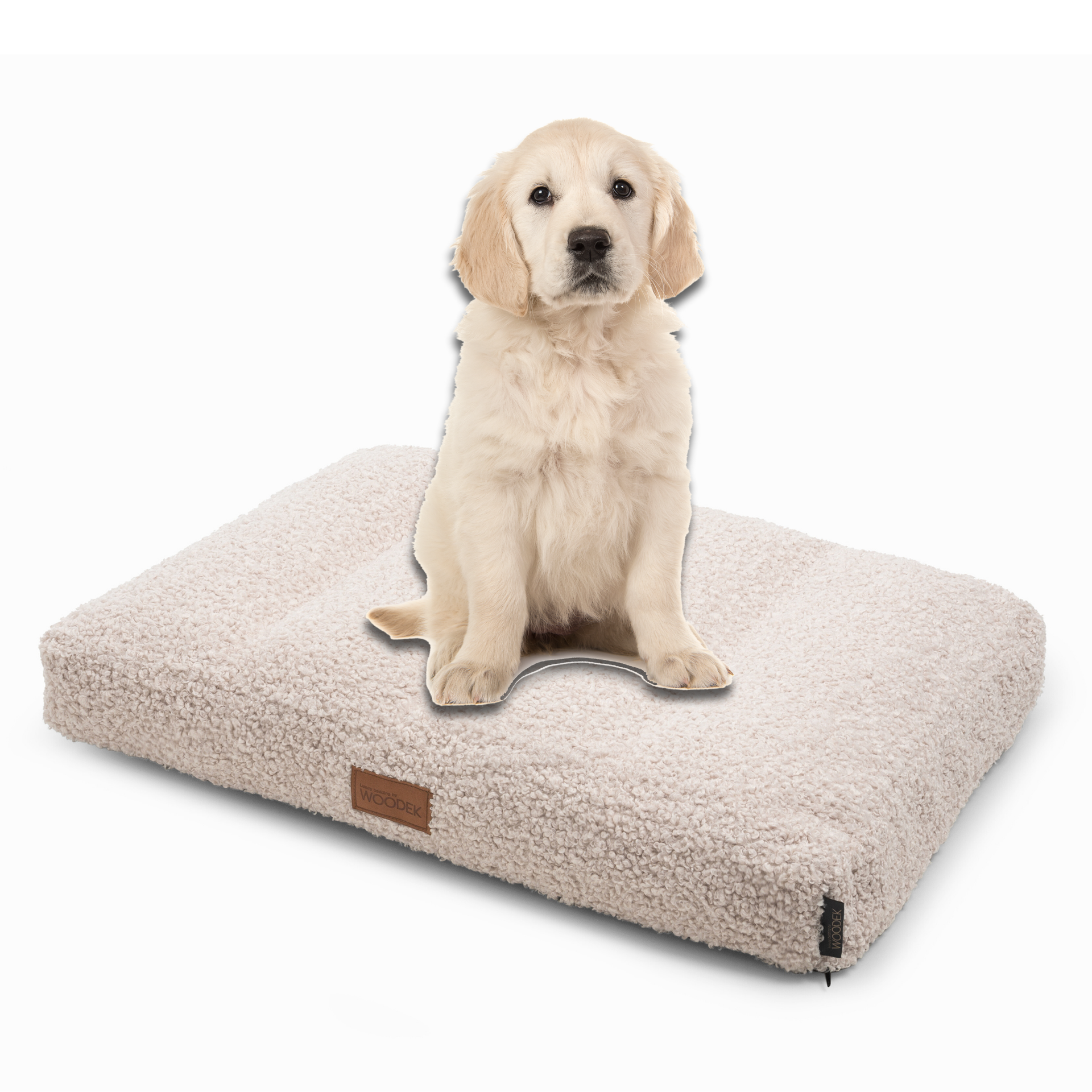 Golden retriever puppy sitting on a cozy dog mattress in beige, crafted from durable and soft materials