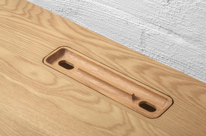 Modern Oak Writing Desk Franz close-up on recessed cable management groove in natural solid oak with minimalist Scandinavian design