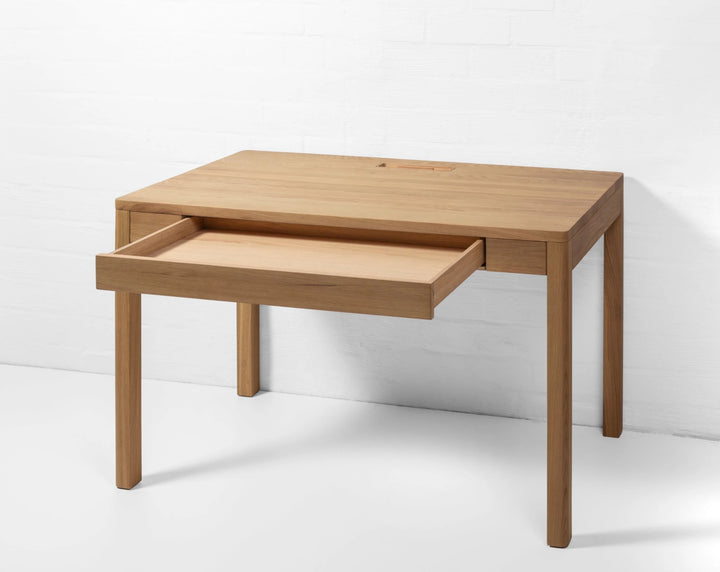 Modern Oak Writing Desk Franz with open drawer in solid natural oak and minimalist Scandinavian design, gallery position 1, file Kirjutuslaud-Franz-3.webp