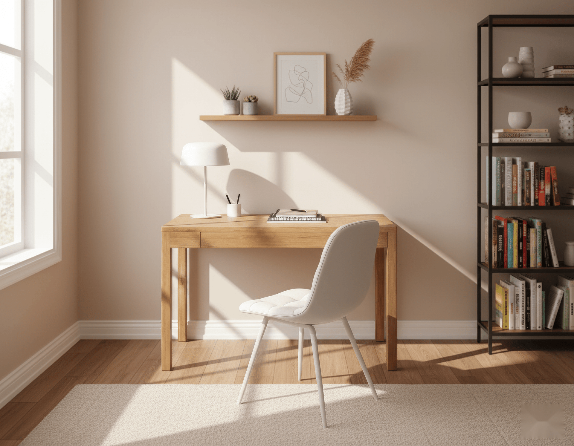 Modern Oak Writing Desk Franz in natural oak wood with clean lines and minimalist Scandinavian design, positioned in bright home office setting.