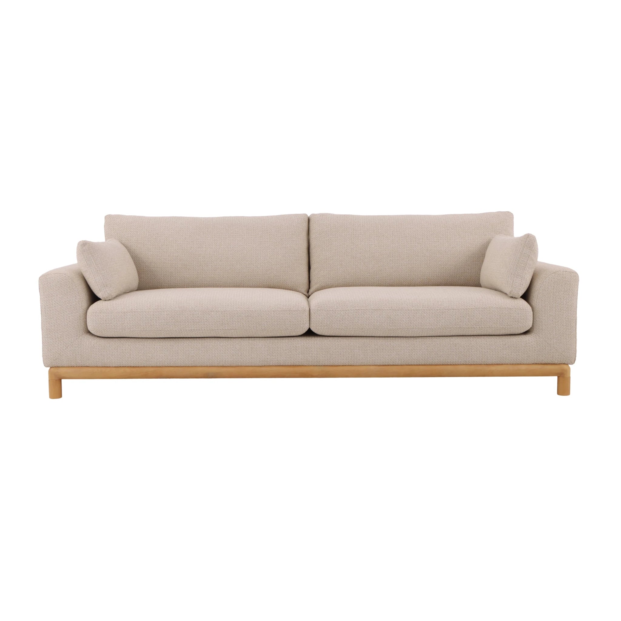 Modern beige upholstered sofa with oak wood base and minimalist design