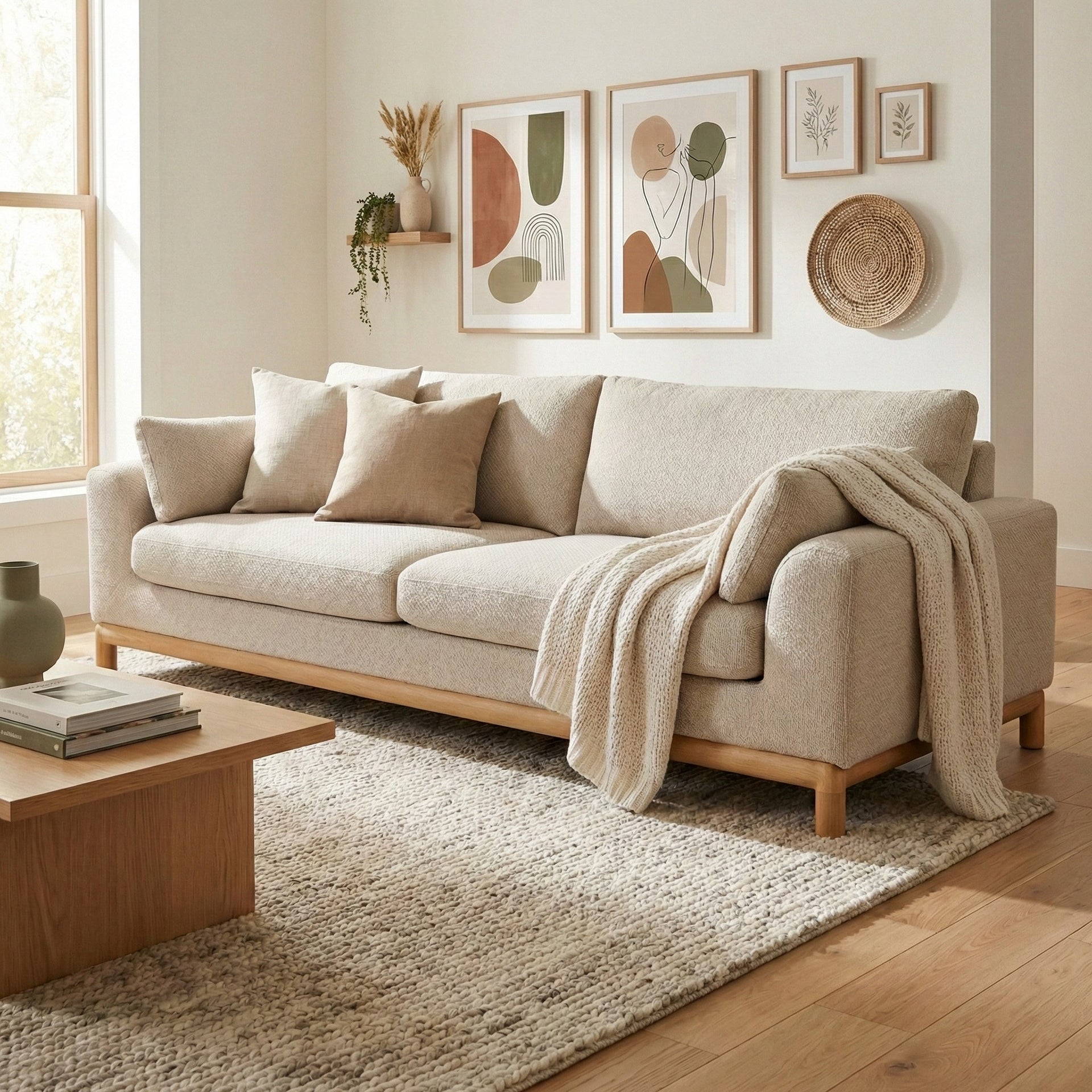 Modern Wooden Sofa Celeste in Warm Beige Nature Fabric with solid oak frame, minimalist design, and textured throw in a bright living room setting