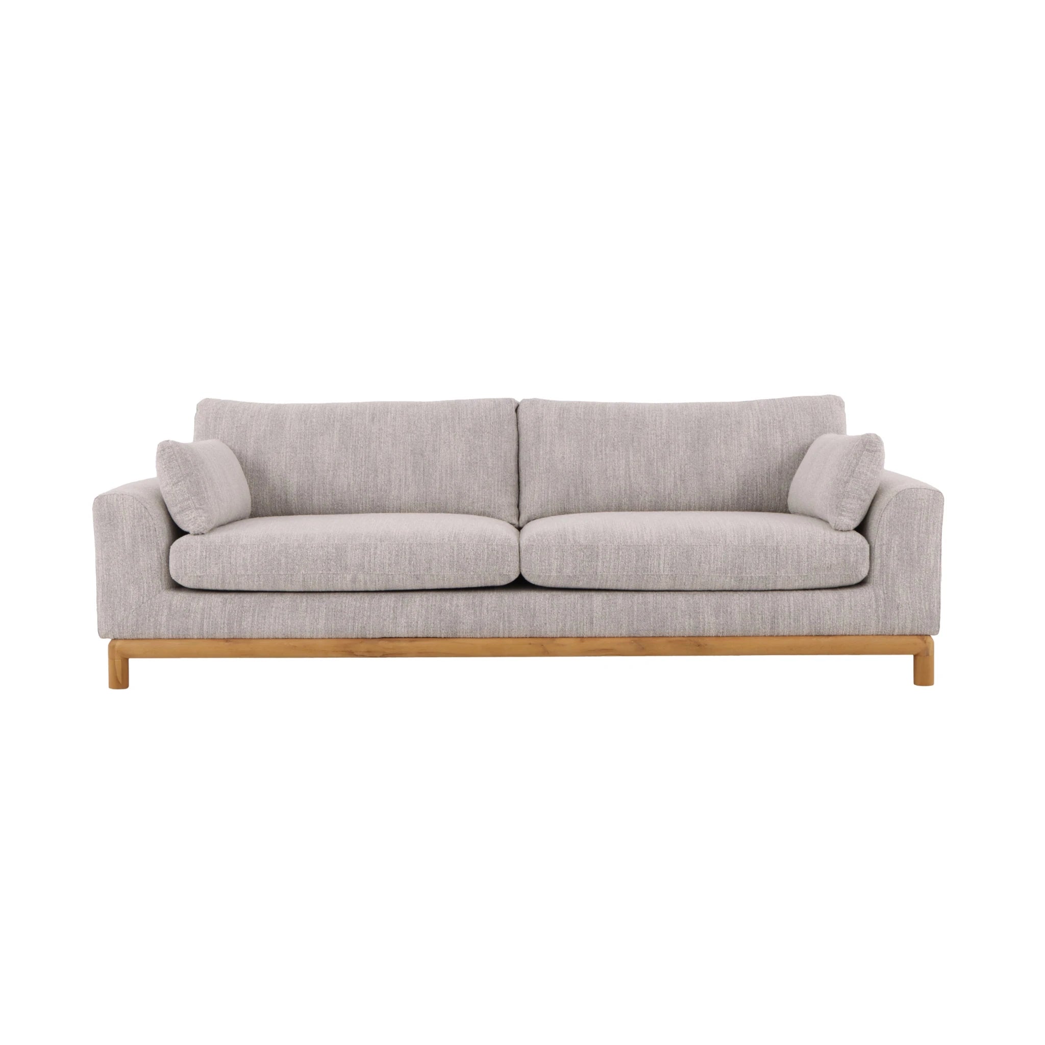 Modern grey upholstered sofa with matte oak frame and clean contemporary silhouette