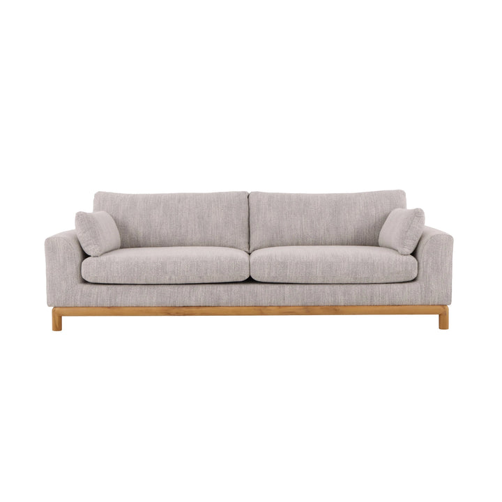 Modern grey upholstered sofa with matte oak frame and clean contemporary silhouette