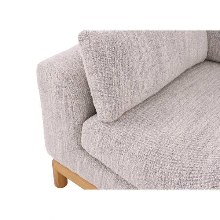 Modern Wooden Sofa Celeste - Leigh Fabric close-up of light gray textured upholstery and natural oak solid wood base, gallery position 1