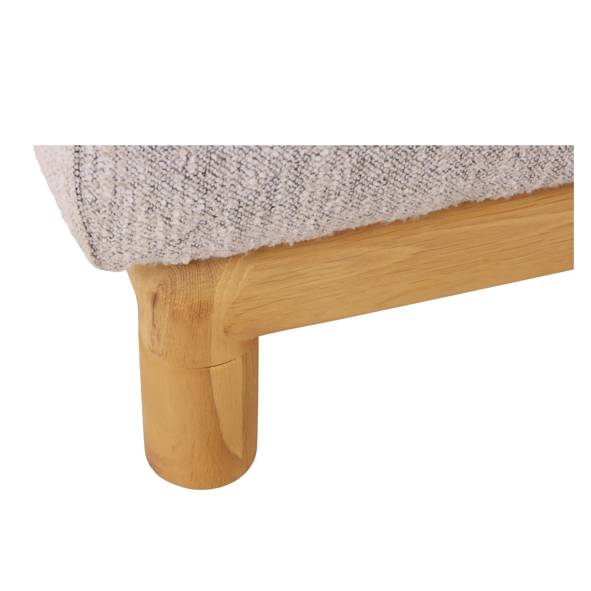 Modern Wooden Sofa Celeste - Leigh Fabric close-up of natural oak rounded leg and light textured upholstery, gallery position 1, Diivan-Celeste-Leight-7.webp