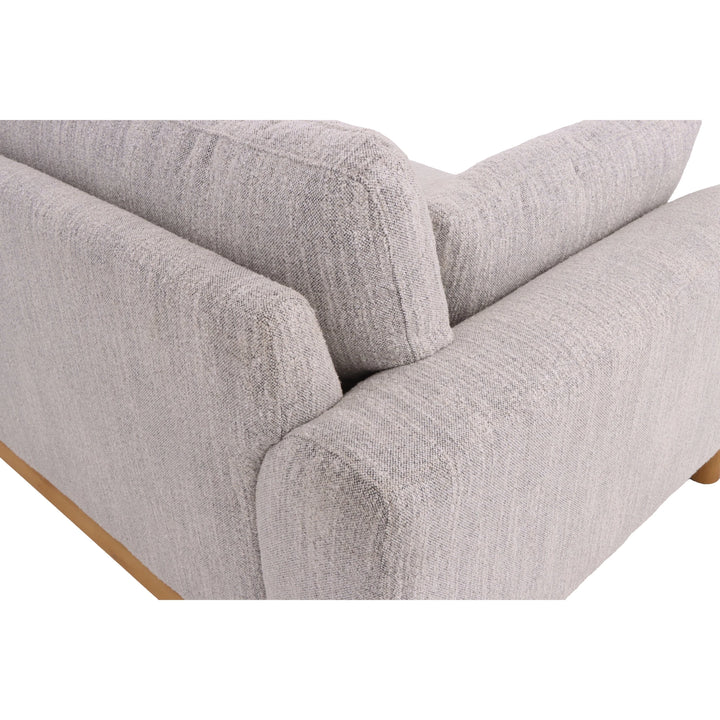 Modern Wooden Sofa Celeste - Leigh Fabric close-up of soft textured light gray upholstery and natural oak solid wood base corner, gallery position 1