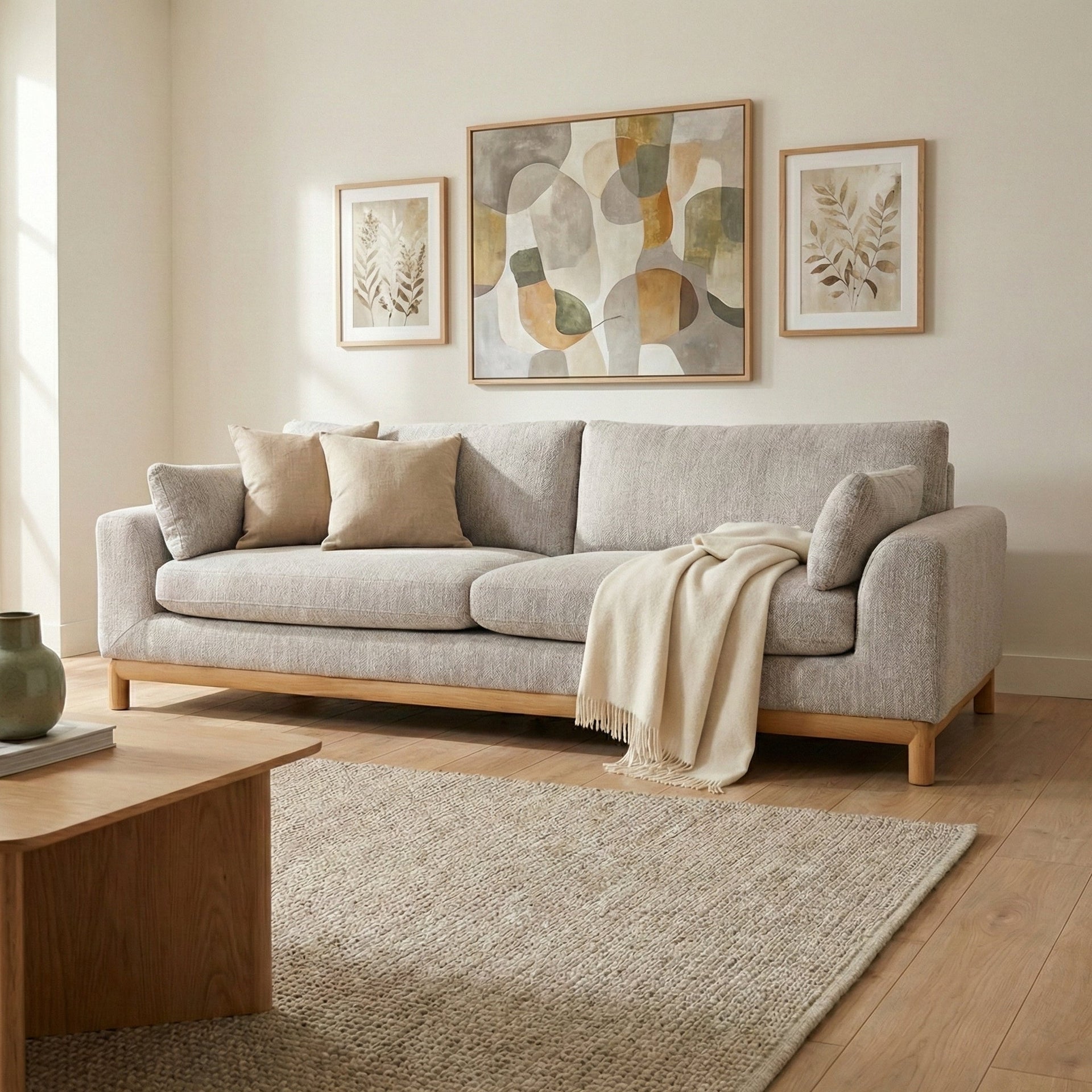 Modern Wooden Sofa Celeste - Leigh Fabric with beige cushions and light wood frame in a minimalist living room setting