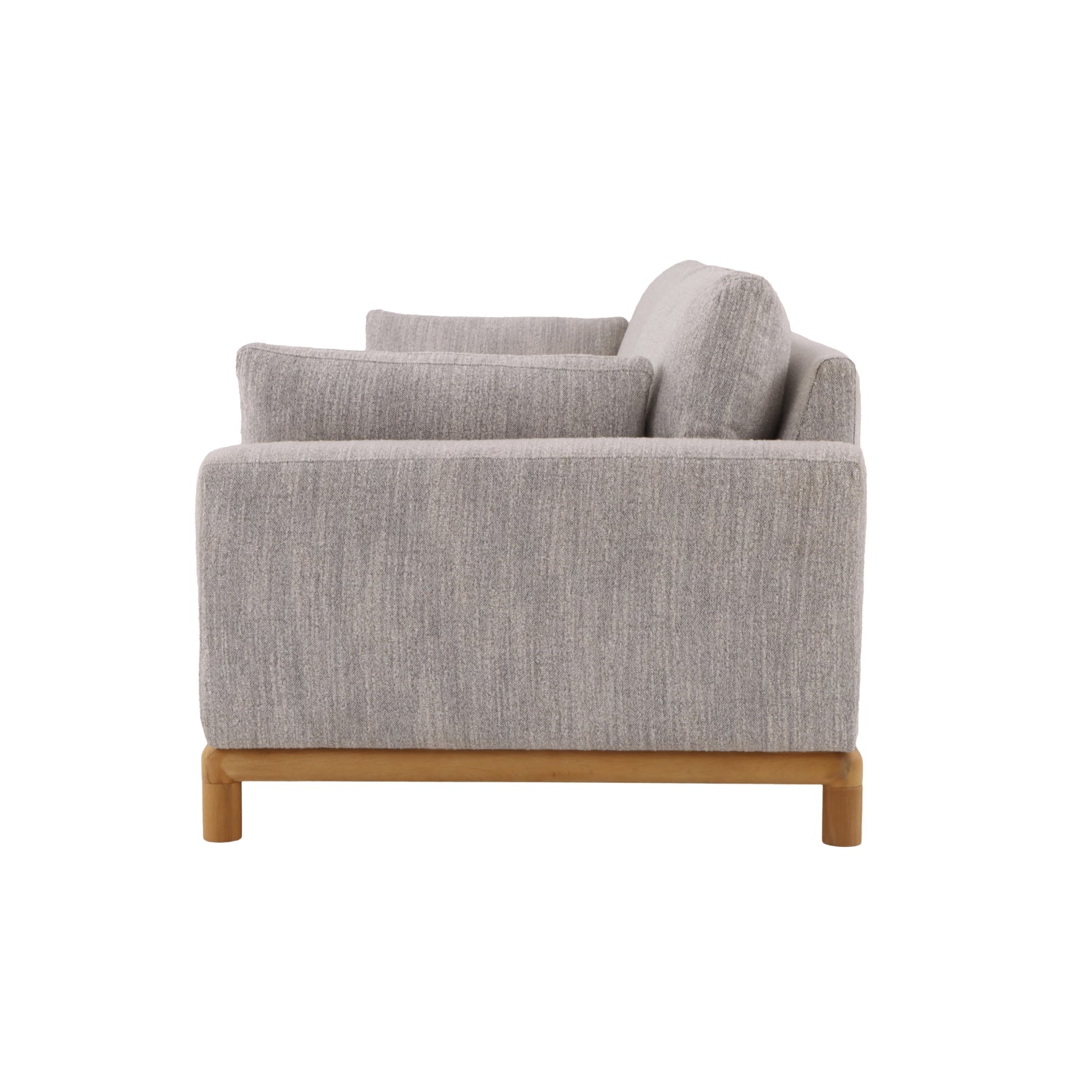 Light grey Leigh fabric couch with natural oak wood base and soft cushions