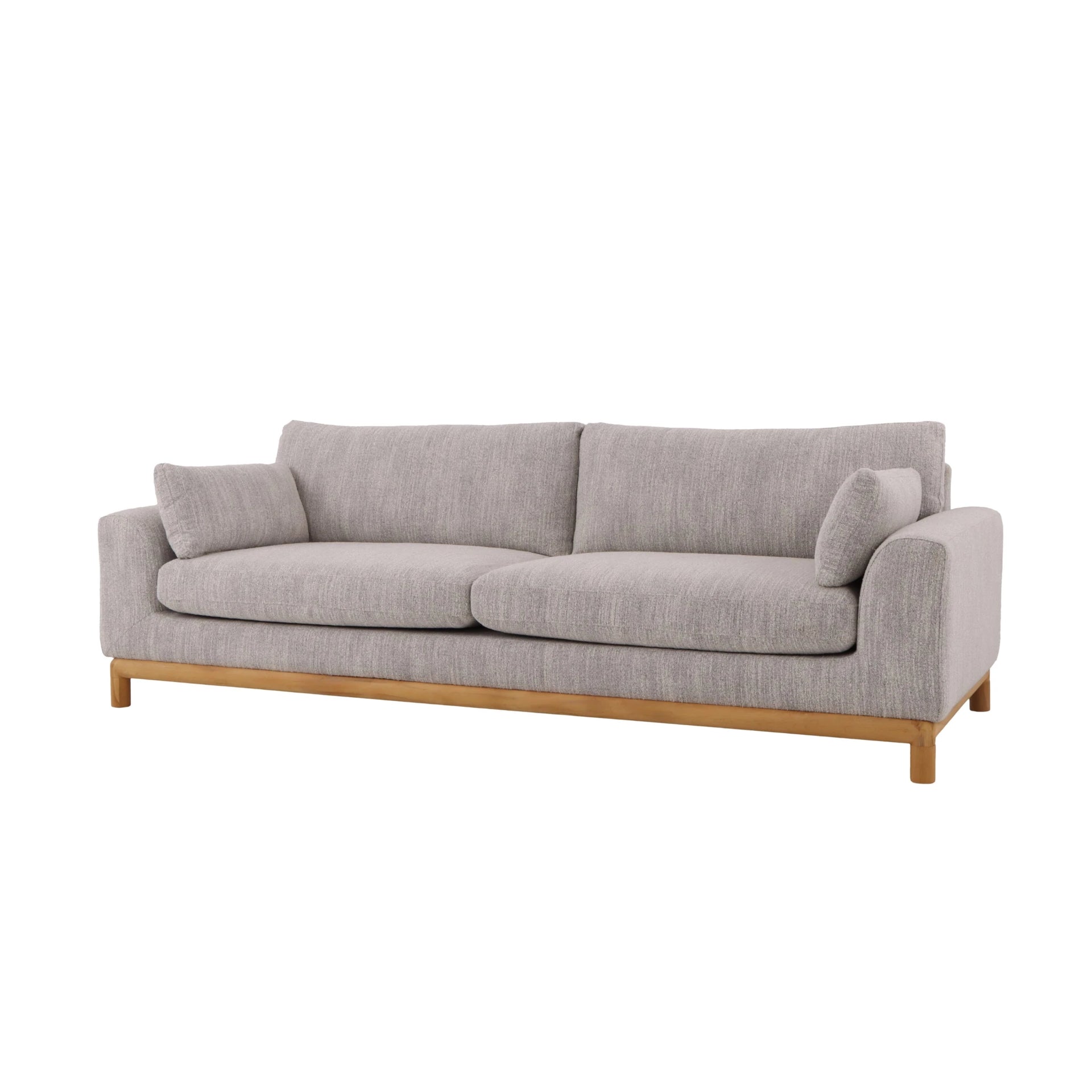Celeste Modern Sofa - light grey Leigh fabric upholstery and solid American white oak base, minimalist design, angled view